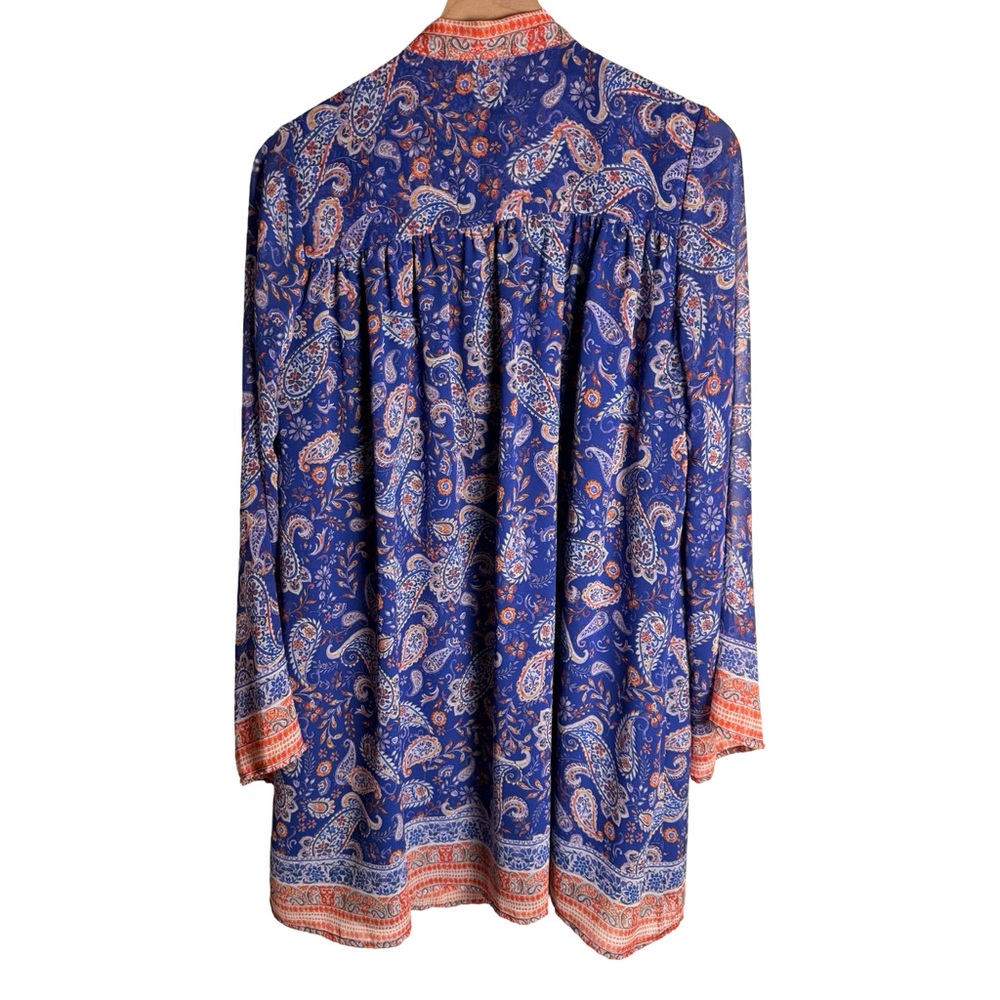 Lost + Wander Blue Paisley Tie-Neck Mini Dress Long Bell Sleeve – Size Small - Picture 6 of 12